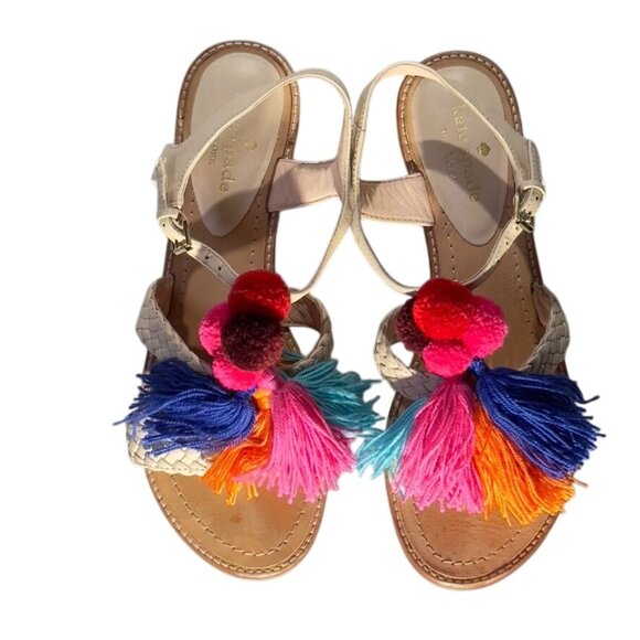 KATE SPADE New York Sunset Women's Sandals Beige Leather Woven Tassel Size 7M - Picture 6 of 16